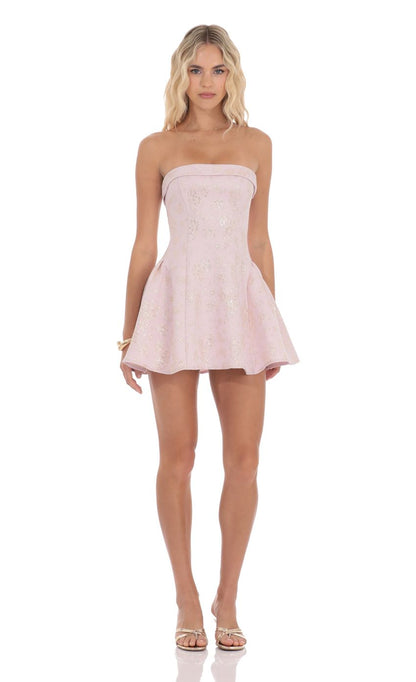 Lucy In The Sky Shimmer Jacquard Strapless Flare Dress in Dusty Pink