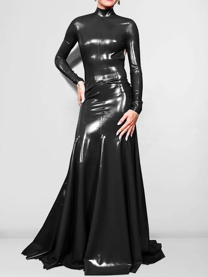 Ursime High Neck PU Leather Long Sleeve Maxi Dress