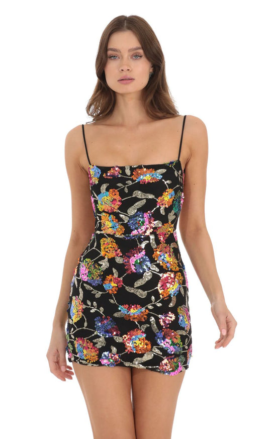 Lucy In The Sky Strappy Multicolor Sequin Dress in Black