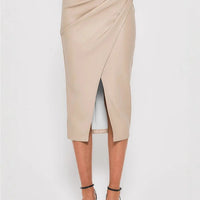 Ursime PU Leather High Rise Pleated Bodycon Midi Skirt