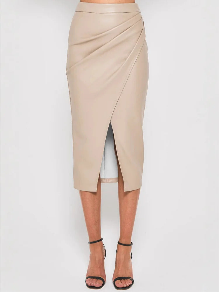 Ursime PU Leather High Rise Pleated Bodycon Midi Skirt