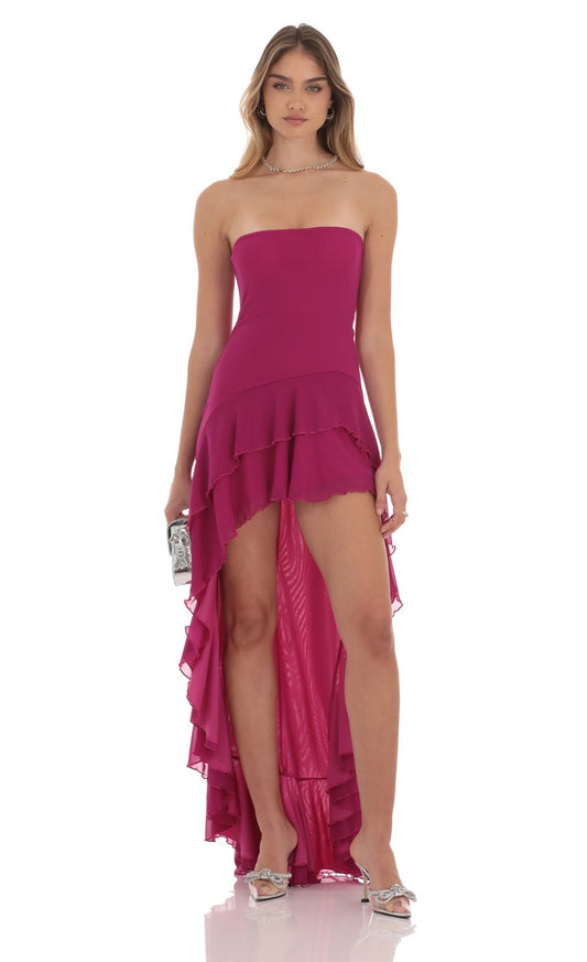 Lucy In The Sky Strapless Mesh High Low Dress in Magenta