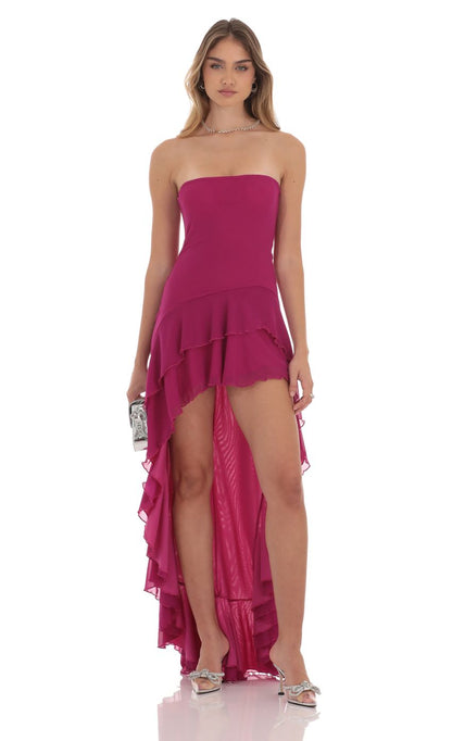 Lucy In The Sky Strapless Mesh High Low Dress in Magenta