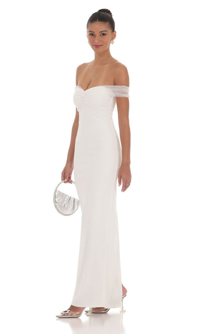 Lucy in the Sky Tulle Off Shoulder Sleeve Maxi Dress in White