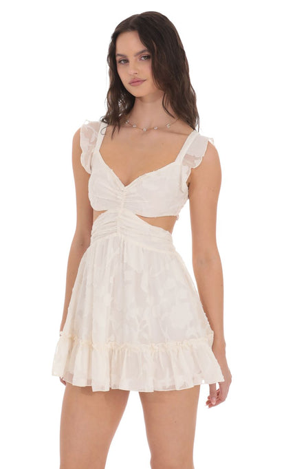 Lucy In The Sky Ruffle Floral Cutout Dress in Cream