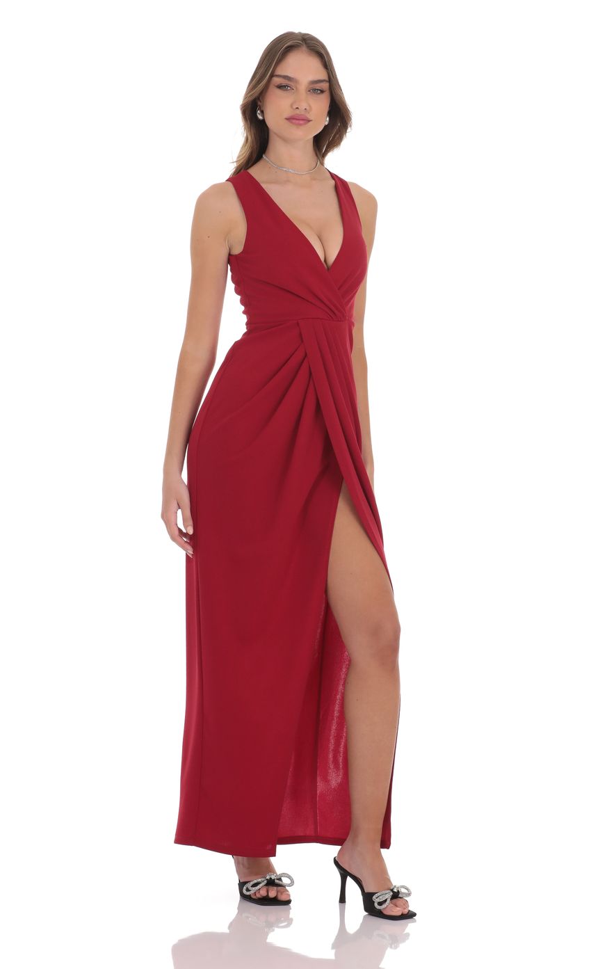 Lucy In The Sky V-Neck Slit Maxi Dress in Red