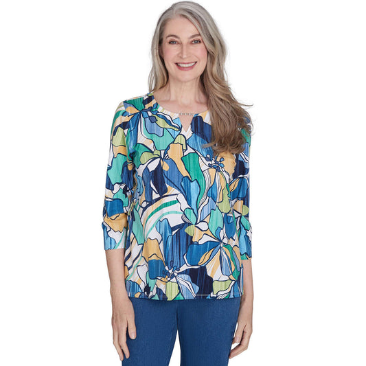 Alfred Dunner Women's Drama Floral Three Quarter Sleeve Tee