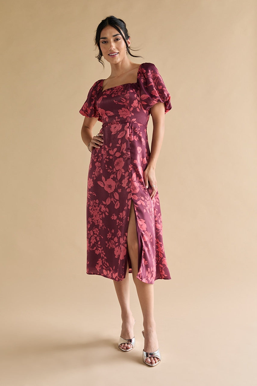 Francesca's Nettie Puff Sleeve Floral Satin Midi Dress