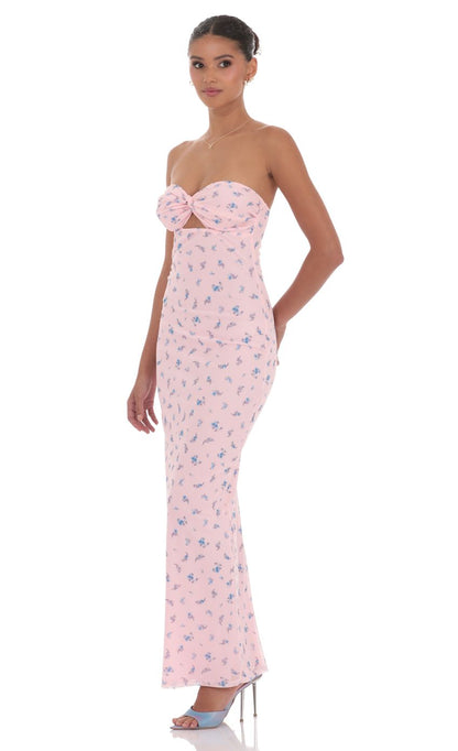 Lucy In The Sky Mesh Floral Strapless Cutout Maxi Dress in Pink