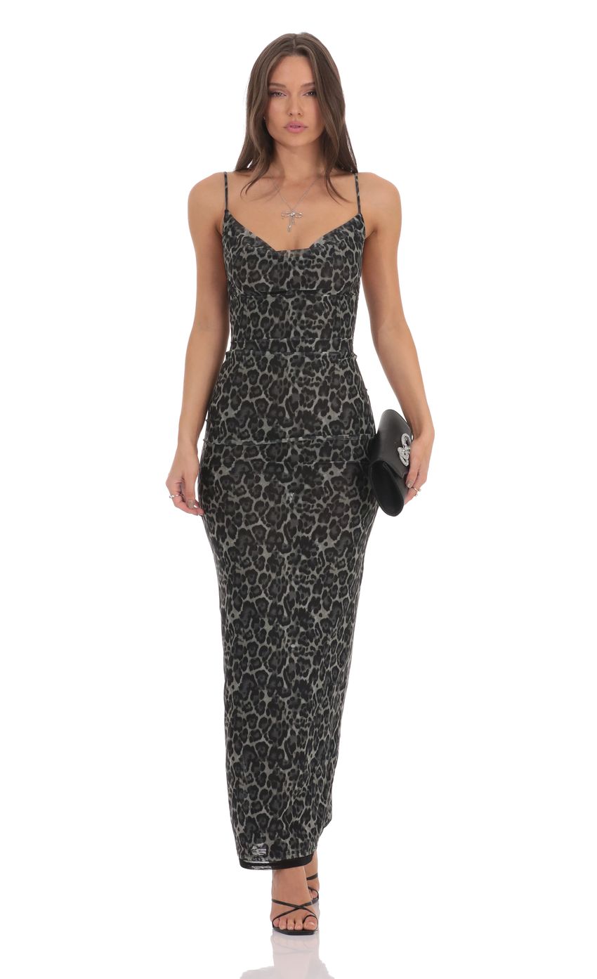 Lucy In The Sky Mesh Cowl Neck Maxi Dress in Cheetah Print