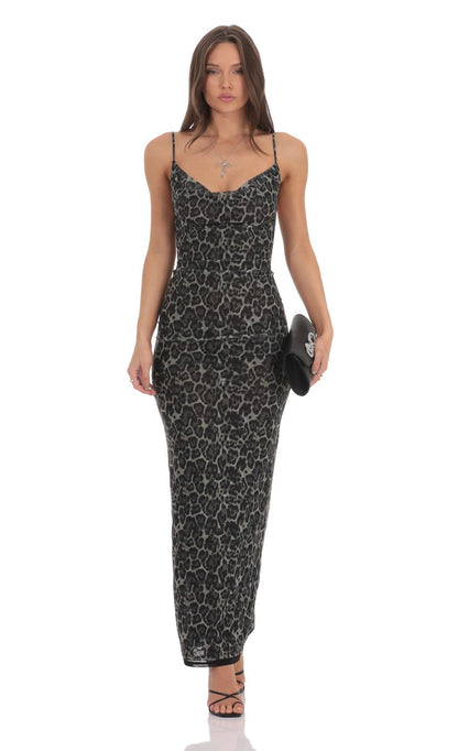 Lucy In The Sky Mesh Cowl Neck Maxi Dress in Cheetah Print