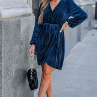 Cupshe Blue Velvet Long Sleeve Wrap Mini Dress