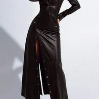 Ursime Casual PU Leather Shirt Collar Long Sleeve Button Maxi Dress