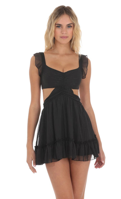 Lucy in the Sky Striped Shimmer Ruffle Cutout Dress in Black