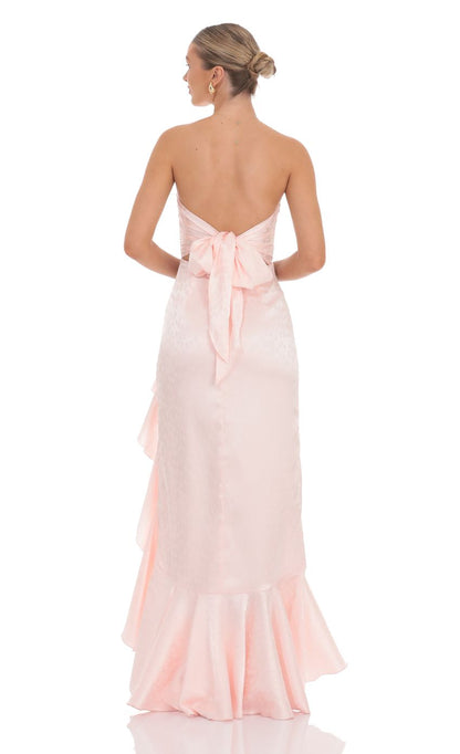 Lucy In The Sky Satin Jacquard Back Bow Corset Maxi Dress in Pink