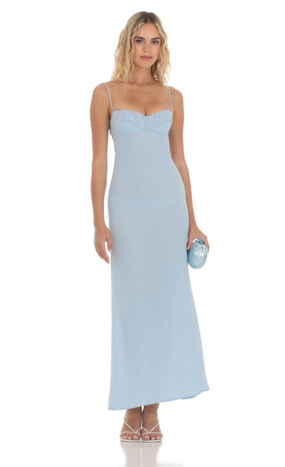Lucy in the Sky Lace Trim Maxi Dress in Light Blue