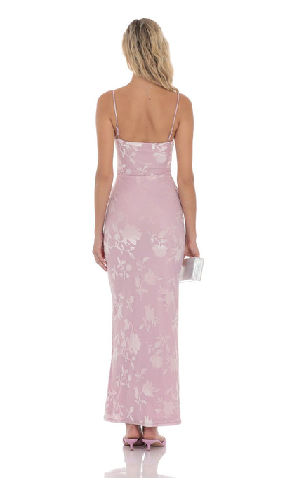 Lucy In The Sky Velvet Floral Cowl Neck Maxi Dress in Lilac