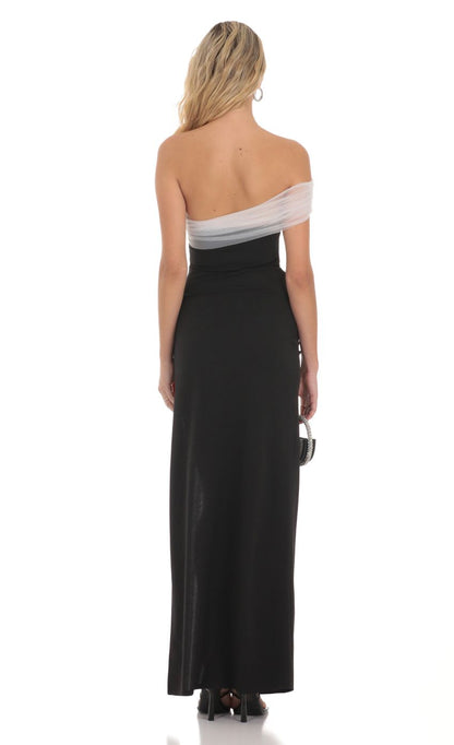 Lucy In The Sky Off Shoulder Tulle Sleeve Maxi Dress in Black