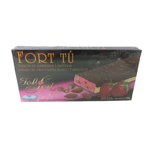 Pampa Direct Fort Tú Turrón de Almendras y Frutillas White Chocolate Torrone with Strawberry & Almonds Soft Interior by FelFort, 100 g / 3.53 oz bar