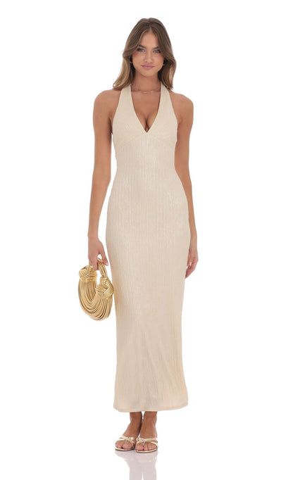 Lucy In The Sky Crinkle Shimmer V-Neck Maxi Dress in Champagne
