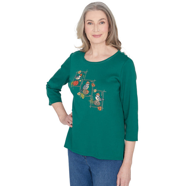 Alfred Dunner Women's Birds with Hats Detailed Crew Neck Top