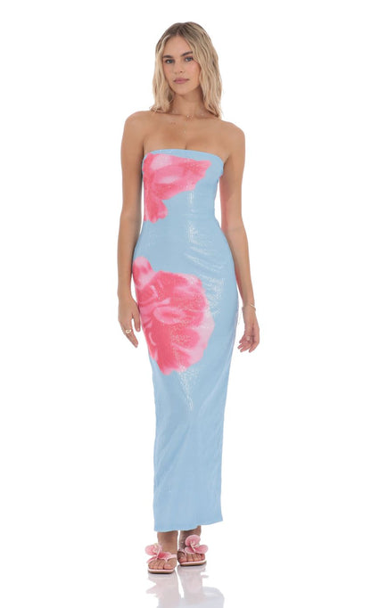 Lucy In The Sky Floral Sequin Strapless Maxi Dress in Blue