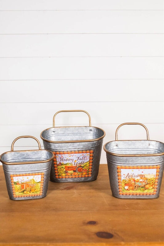 Decorator's Warehouse 12" Galvanized Metal Harvest Scene Wall Hanging Buckets - Set of 3