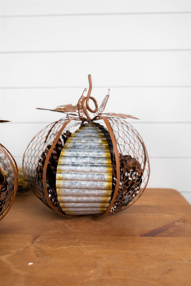 Decorator's Warehouse 13” Metal Harvest Pumpkin with Pinecones Inside