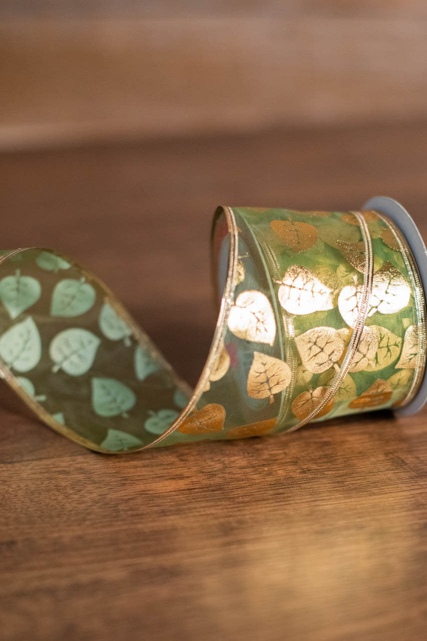 Decorator's Warehouse 2.5" x 10 Yard Gold & Green Leaf Christmas Ribbon