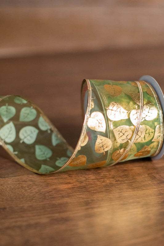 Decorator's Warehouse 2.5" x 10 Yard Gold & Green Leaf Christmas Ribbon