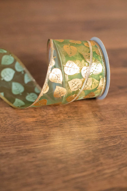 Decorator's Warehouse 2.5" x 10 Yard Gold & Green Leaf Christmas Ribbon