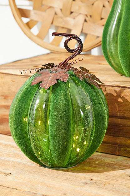 Decorator's Warehouse 12" Velvet & Glass Light Up Pumpkin - Green