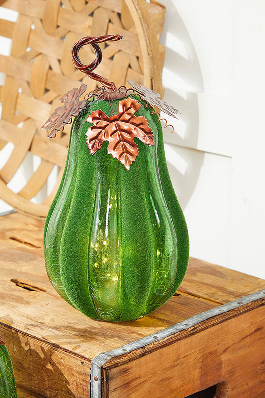 Decorator's Warehouse 14" Velvet & Glass Light Up Pumpkin - Green