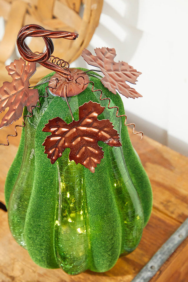 Decorator's Warehouse 14" Velvet & Glass Light Up Pumpkin - Green