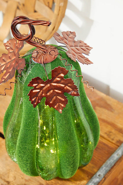 Decorator's Warehouse 14" Velvet & Glass Light Up Pumpkin - Green
