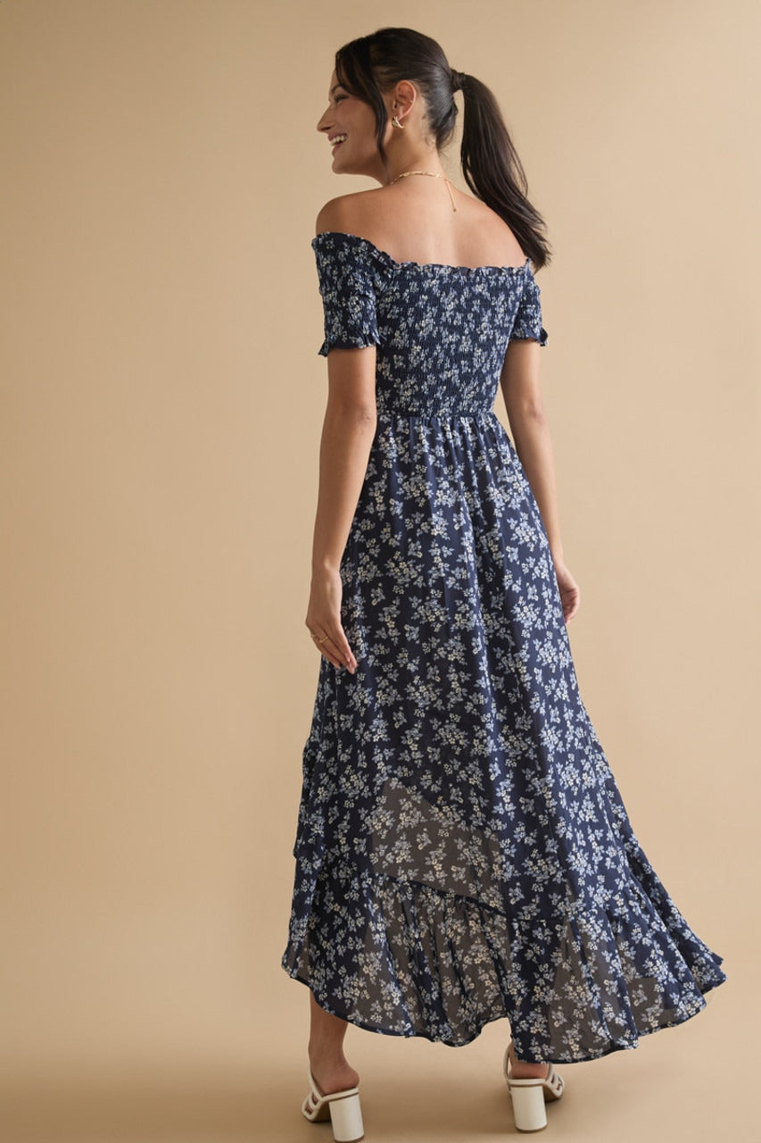 Francesca's Perdita Smocked Top Off Shoulder Floral Maxi Dress (x2)