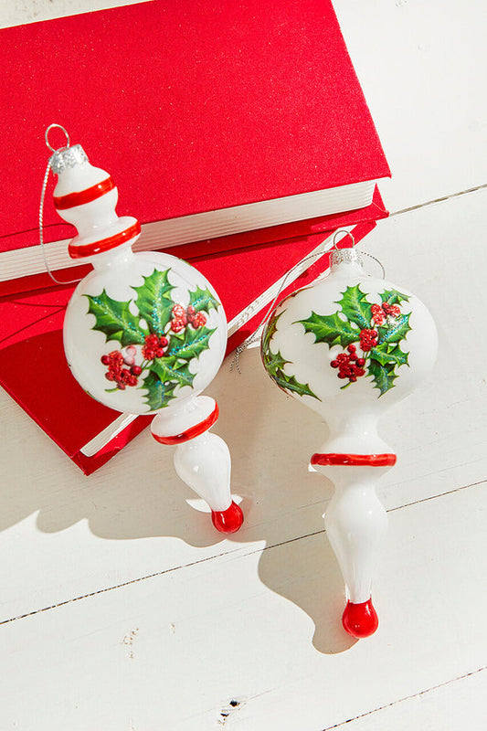 Decorator's Warehouse 8" White/Green/Red Milk Glass Holly Jewel Finial Ornament
