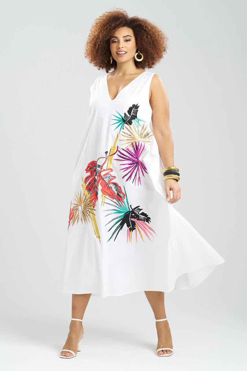 Natori Cotton Poplin Embroidered V-Neck Dress