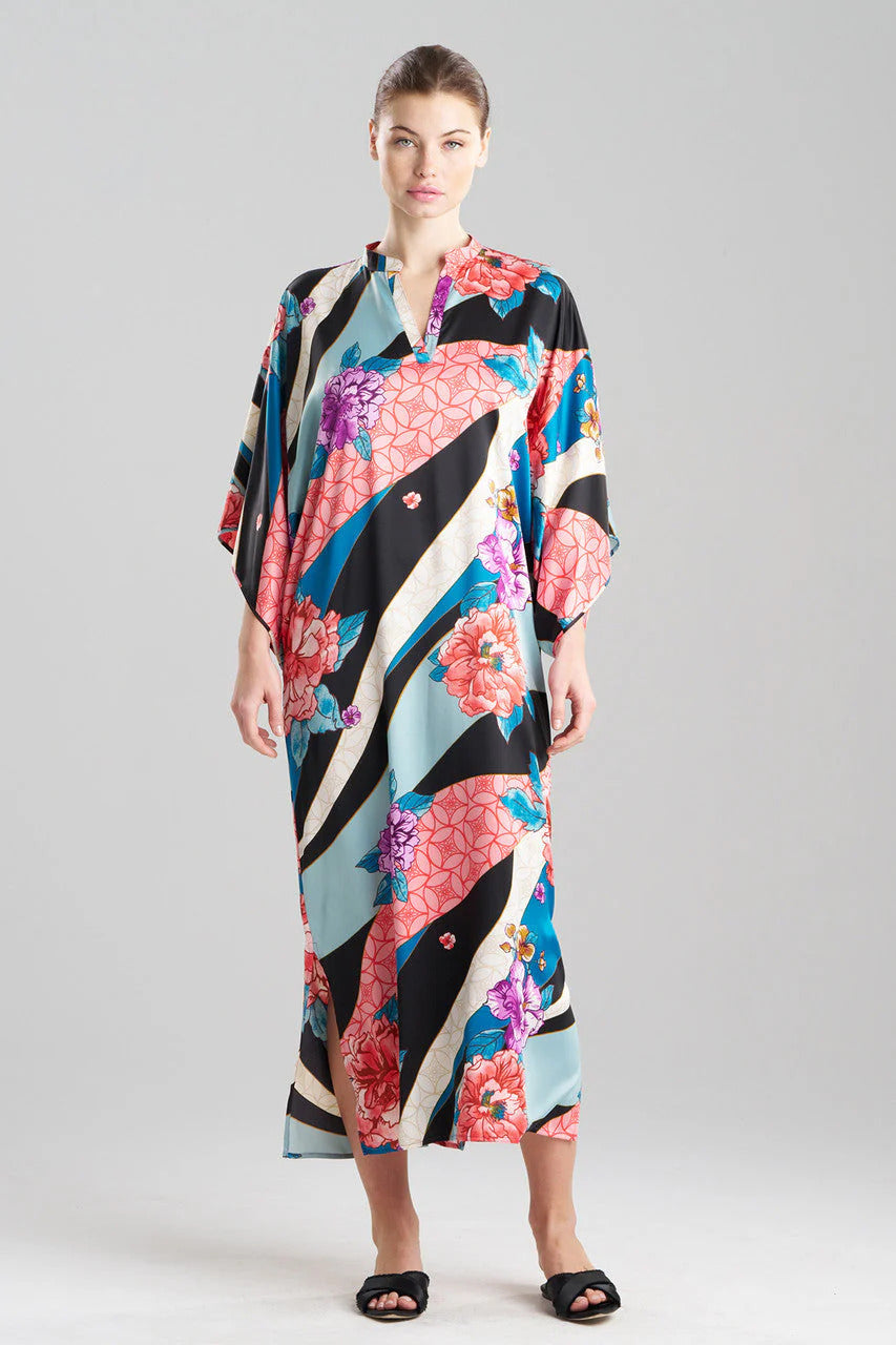 Natori Floral Tapestry Satin Mandarin Caftan