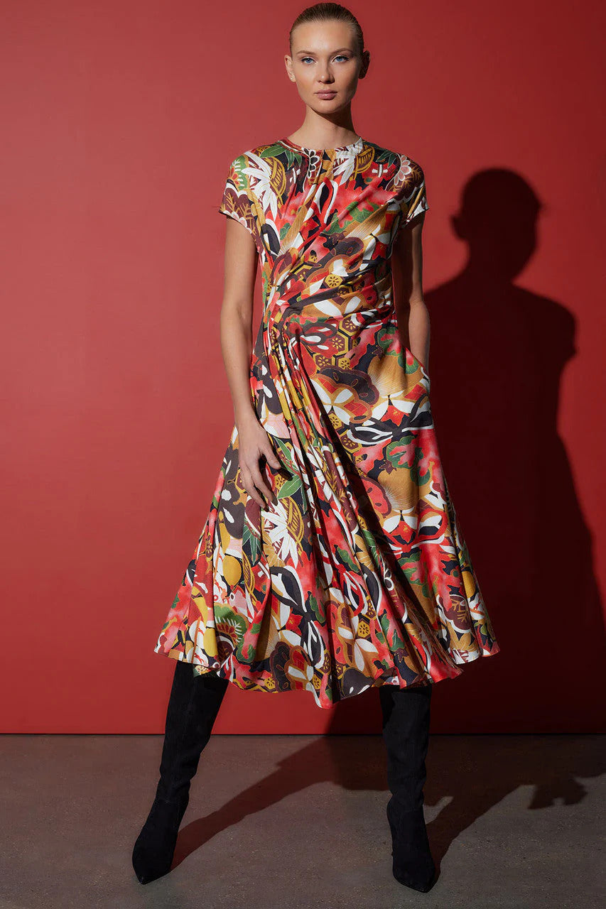 Natori Ikebana Printed Cotton Silk Drape Dress