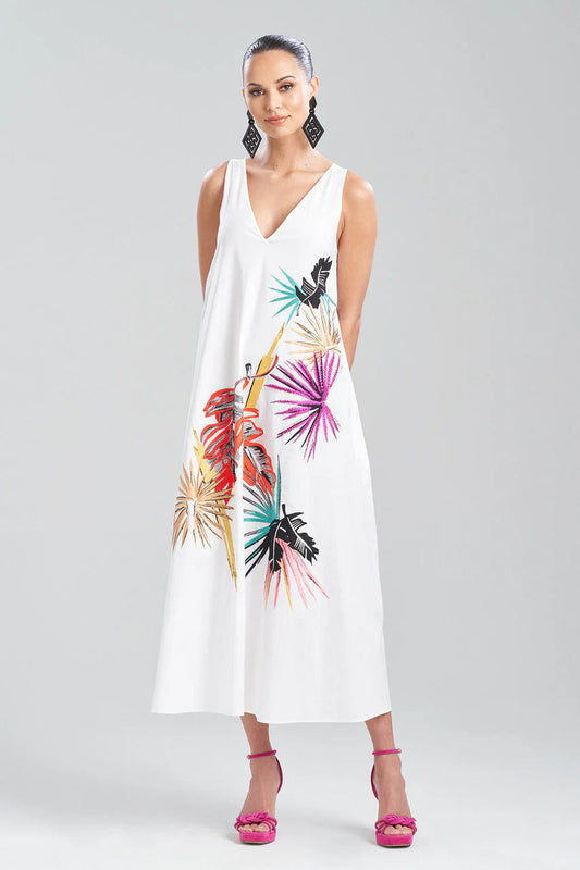 Natori Cotton Poplin Embroidered V-Neck Dress