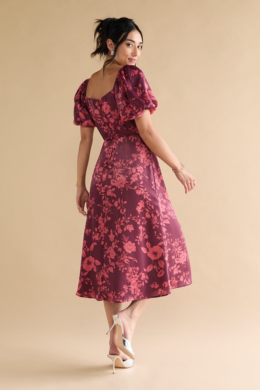 Francesca's Nettie Puff Sleeve Floral Satin Midi Dress