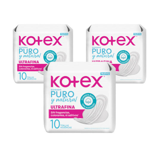 Pampa Direct Kotex Pure & Natural Sanitary Pads with Wings, No Fragrances, Colors, or Additives, 10 Count (pack of 3)