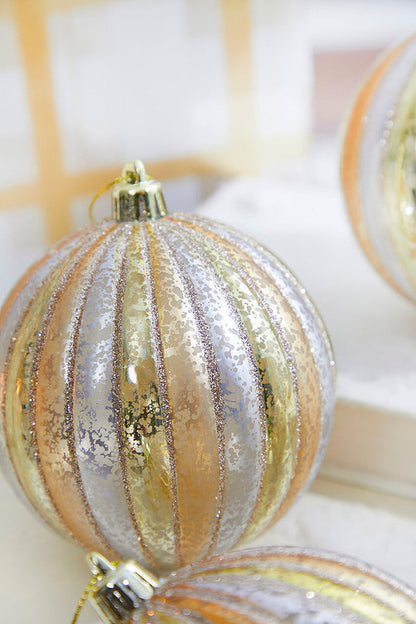 Decorator's Warehouse 4" Gold/Silver Stripe Mercury Ball Ornament Box - Set of 4