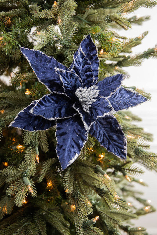Decorator's Warehouse 24” x 12.5" Navy Glitter Edge Velvet Poinsettia Stem