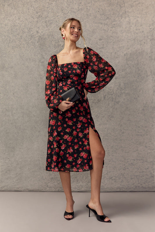 Francesca's Sharon Flocked Heart Floral Midi Dress