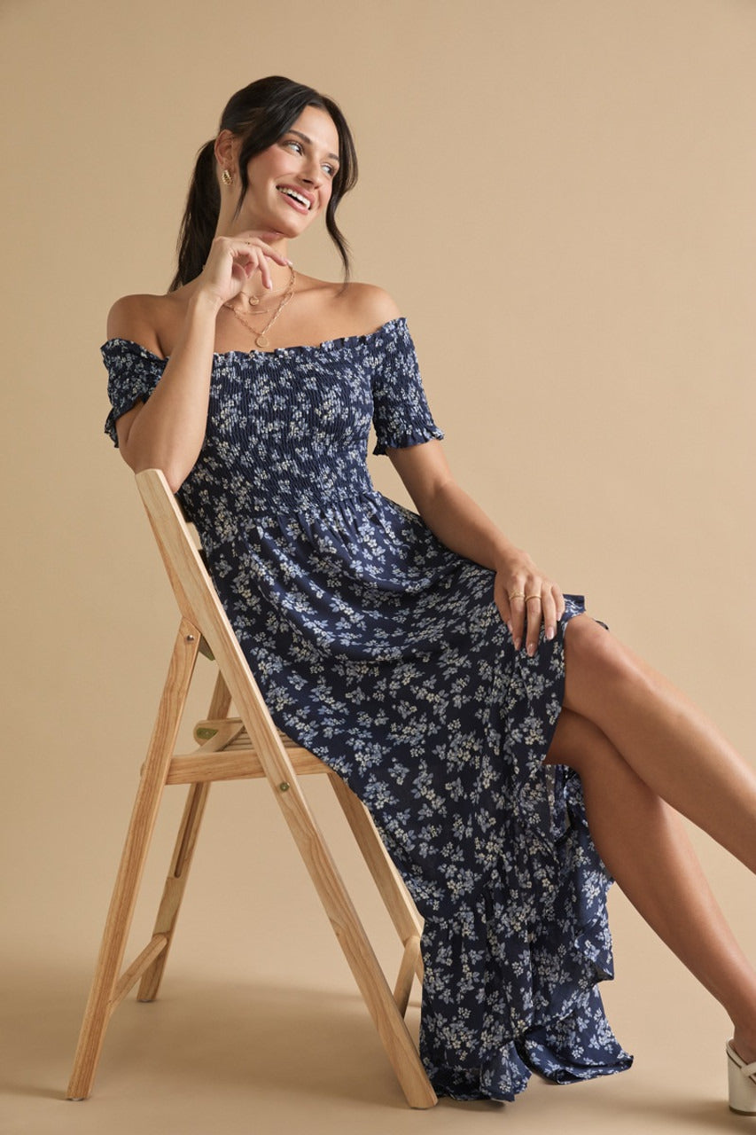 Francesca's Perdita Smocked Top Off Shoulder Floral Maxi Dress (x2)