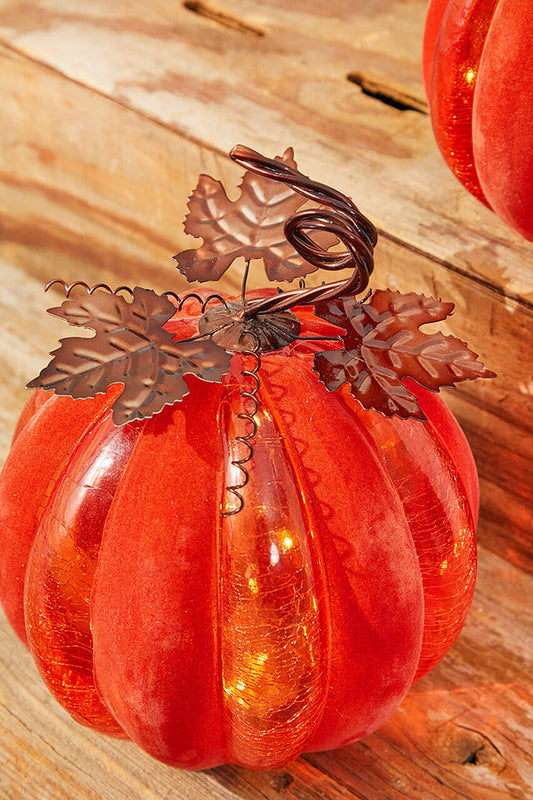 Decorator's Warehouse 12" Velvet & Glass Light Up Pumpkin - Orange