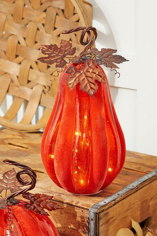 Decorator's Warehouse 14" Velvet & Glass Light Up Pumpkin - Orange