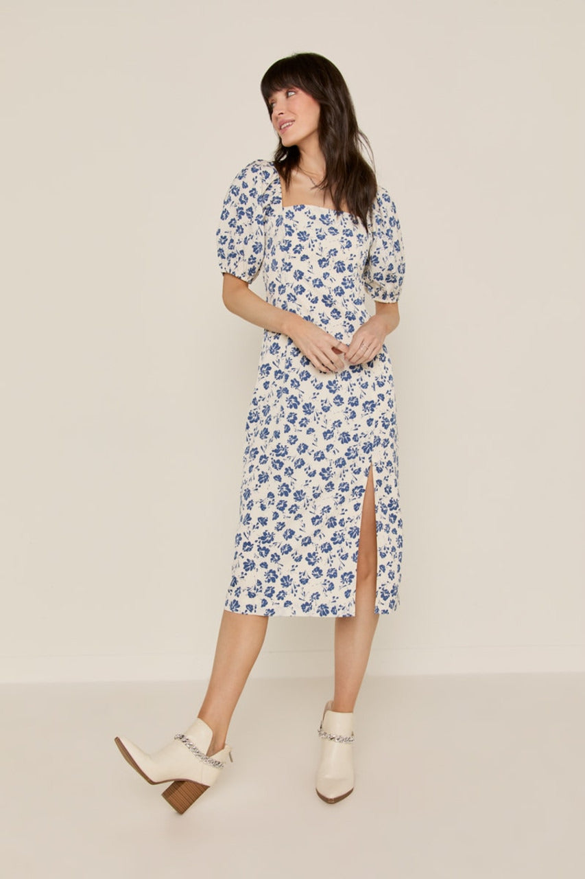 Francesca's Natasha Puff Sleeve Side Slit Midi Dress